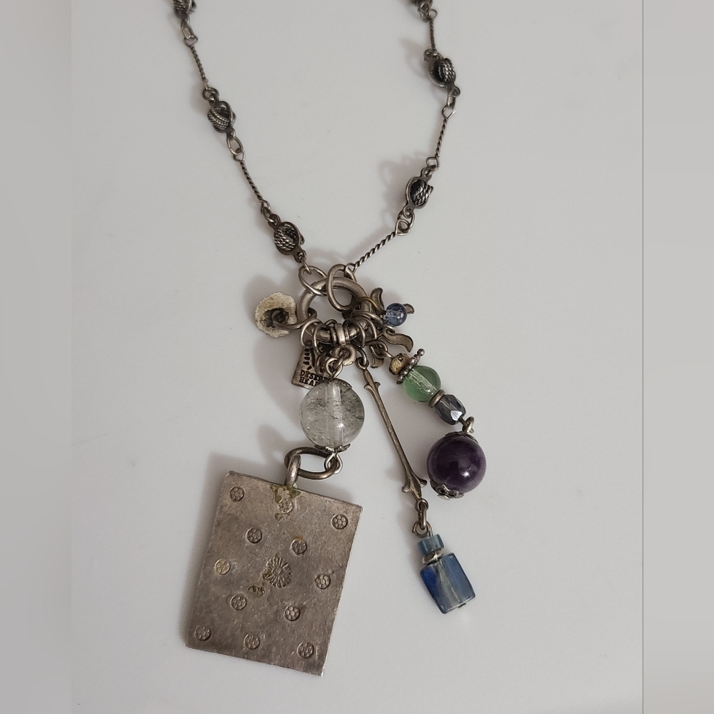 Desert heart necklace charms glass beads antique silver chain unique artsy estat